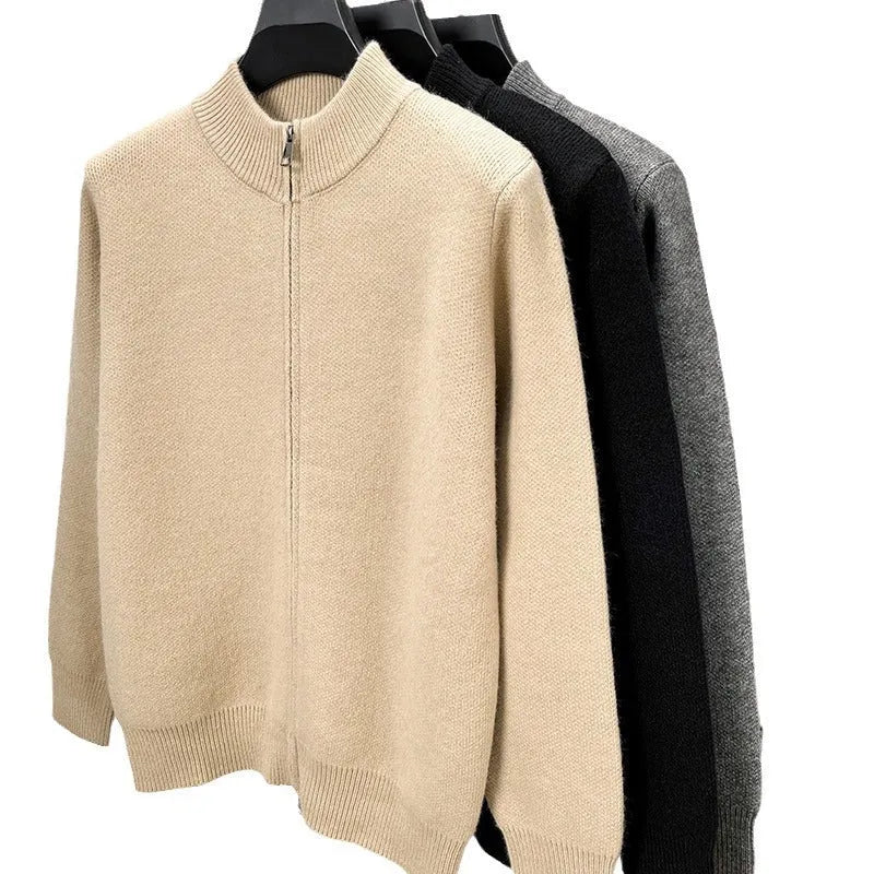 Men's loose grey knitted cardigan with a stand collar and a front zipper.