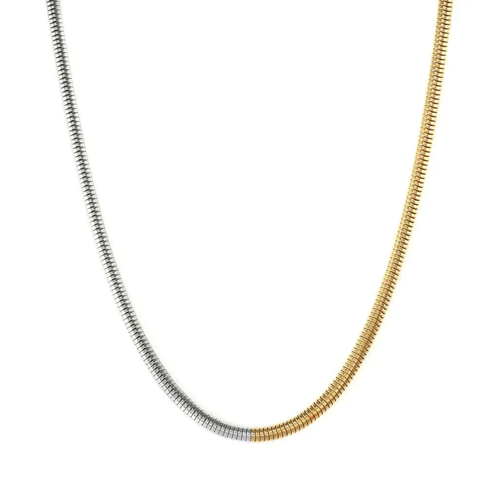 Golden stainless steel snake bone chain necklace with geometric line design