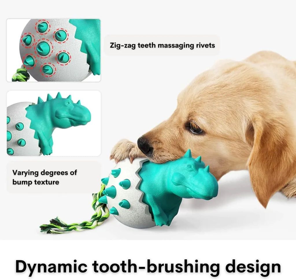 Blue durable rubber dinosaur dog chew toy with nylon rope for aggressive chewers