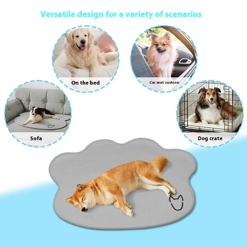 Ice silk dog cooling mat with dog head profile pattern in dark gray, non-slip base, shown on a wooden floor.