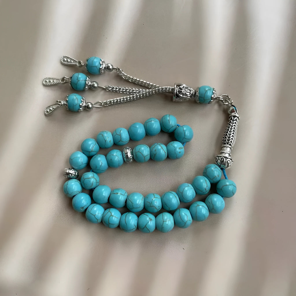 Handmade Muslim worship bracelet with sky blue stone beads for prayer counting