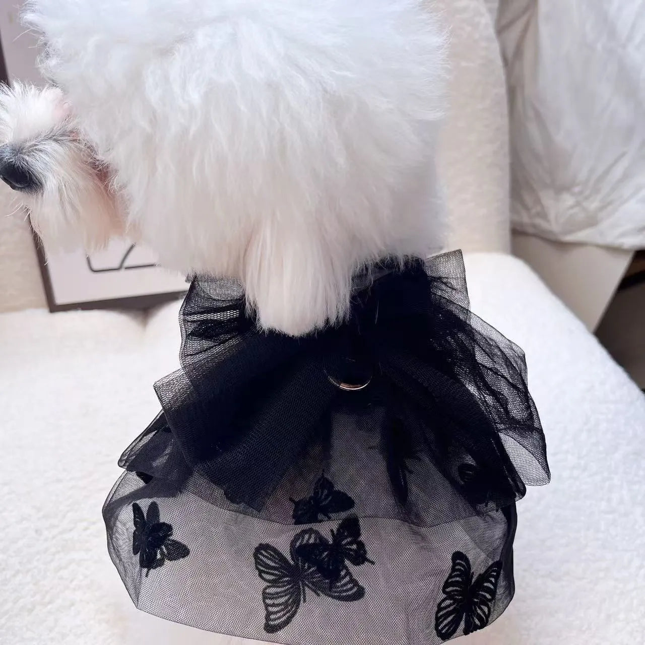 Black princess tulle skirt dress for a small dog or cat on a mannequin, showing the gauze material.