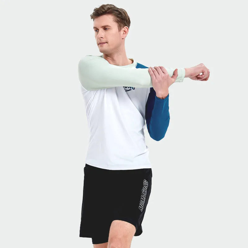 Men's white long-sleeved swim top and matching trunks set for sun protection water sports