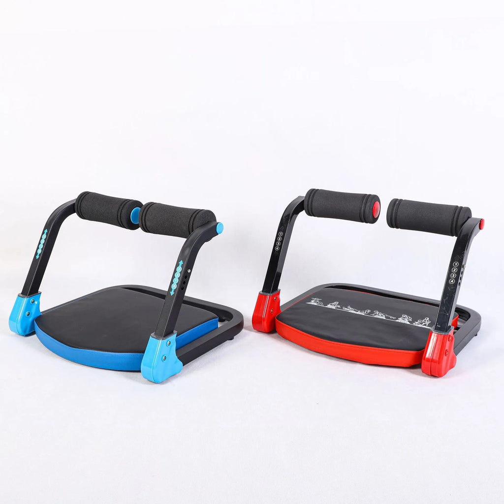 Sky blue and red coloured mini multifunctional abdominal fitness device on a white background.