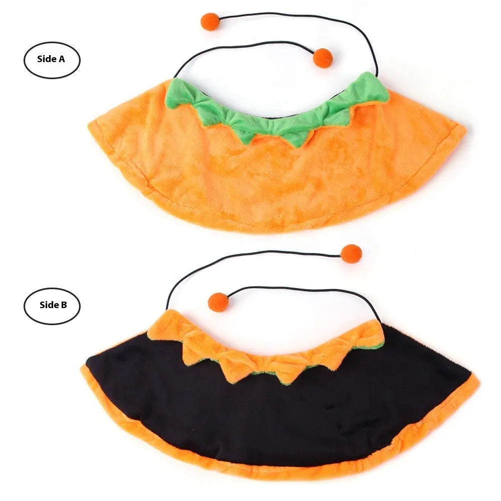 Orange plush Halloween cloak for dog with detachable hood, shown with size options