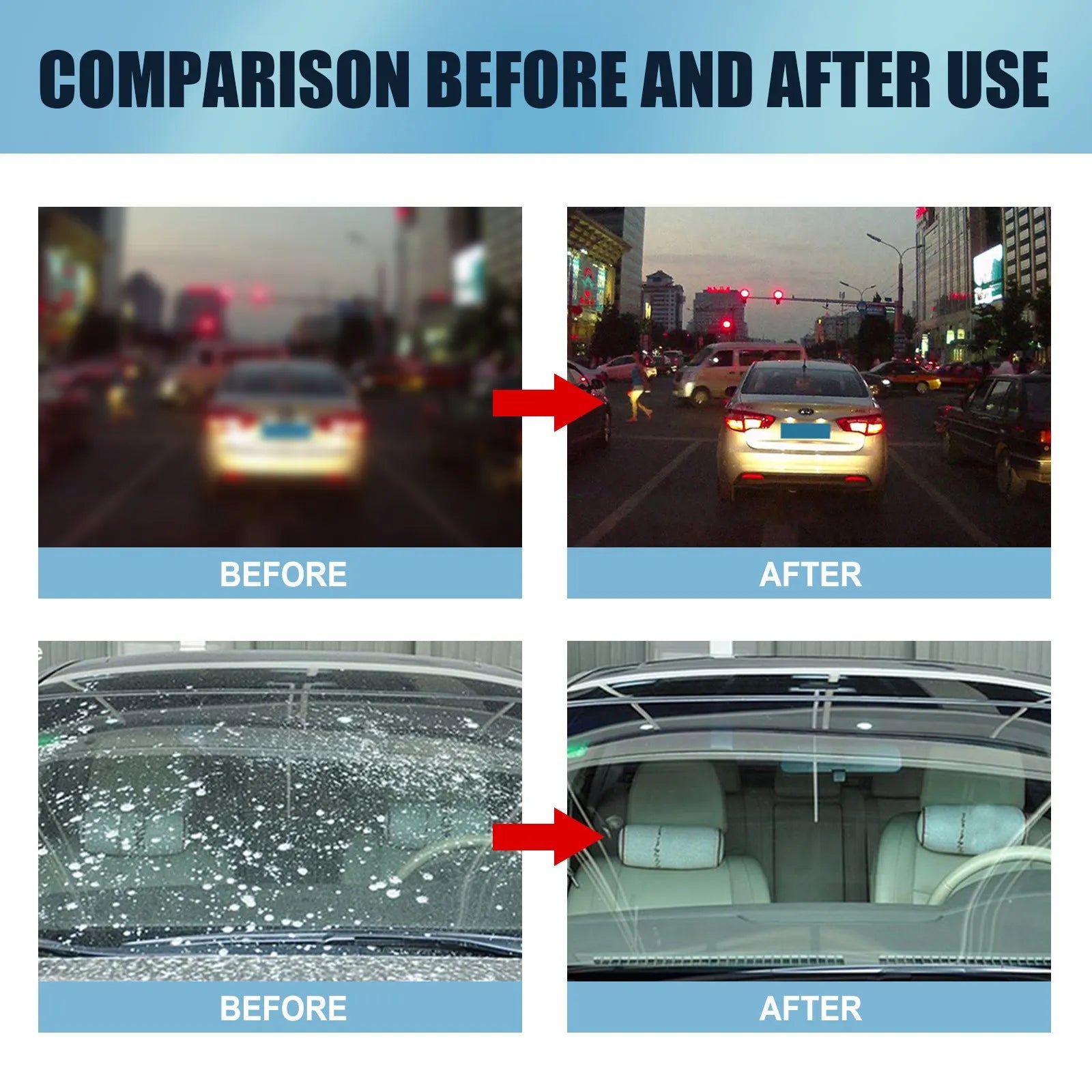 Blue car glass oil film remover tube and soft sponge brush on a car windscreen.