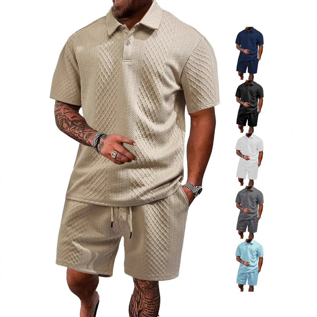 Men's thin figured cloth short sleeve casual suit in navy blue, showing Polo shirt top and trousers