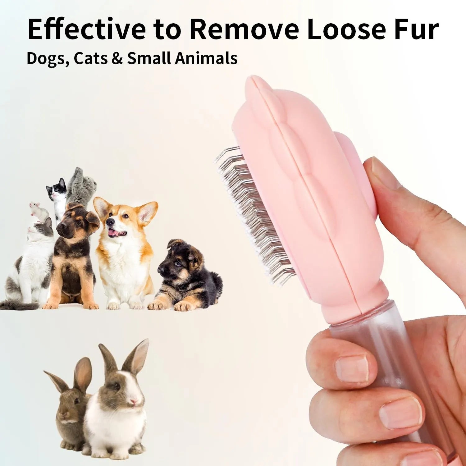 Grey spray function pet brush with stainless steel bristles and a self-cleaning button on the handle.