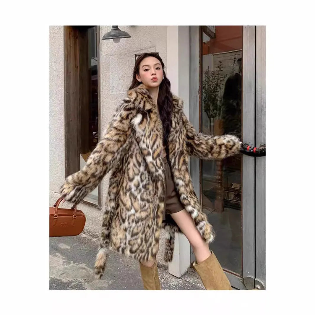 Women's faux fur coat with real fur collar in street fashion style