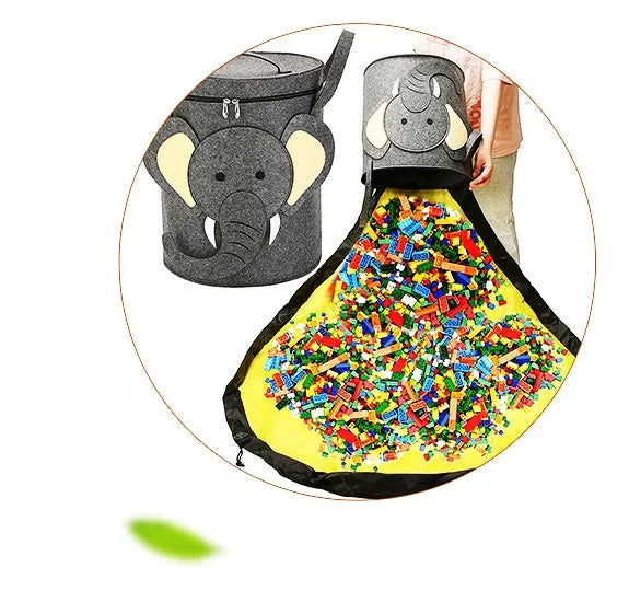 Green felt cube storage bag with pull rope shown as both toy container and play mat