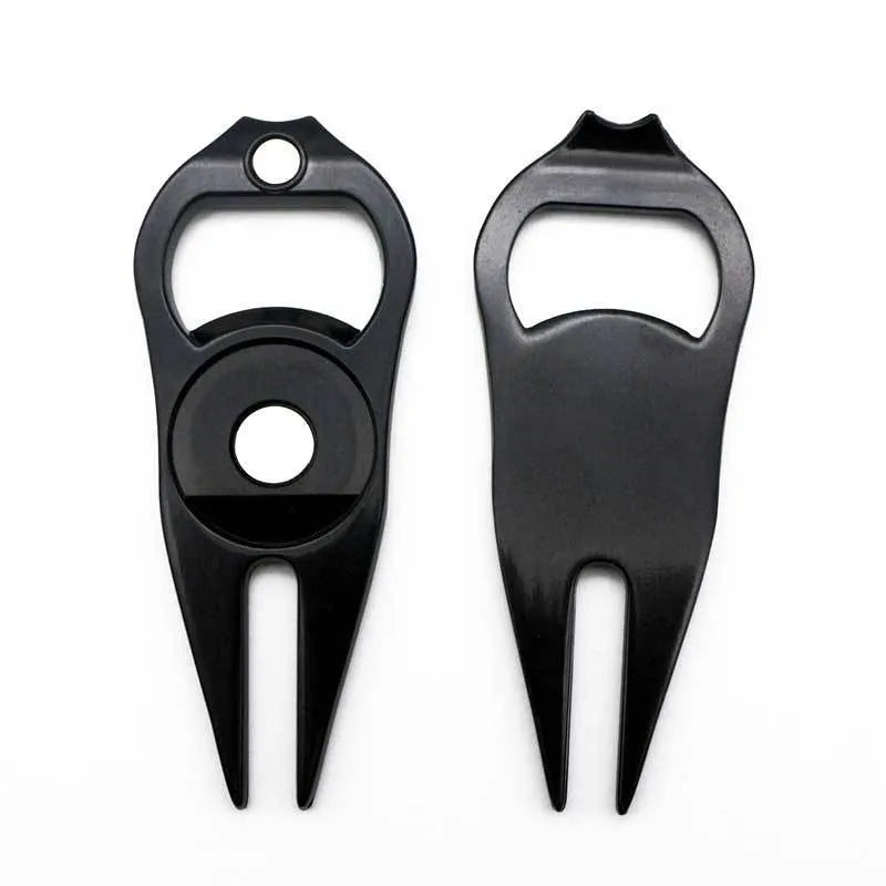 Golf ball fork bottle opener tool in zinc alloy with ball yoke and coin accessories