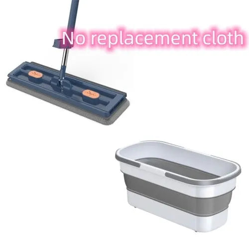 Large flat mop with long stainless steel handle and blue cleaning cloth on a hard floor.