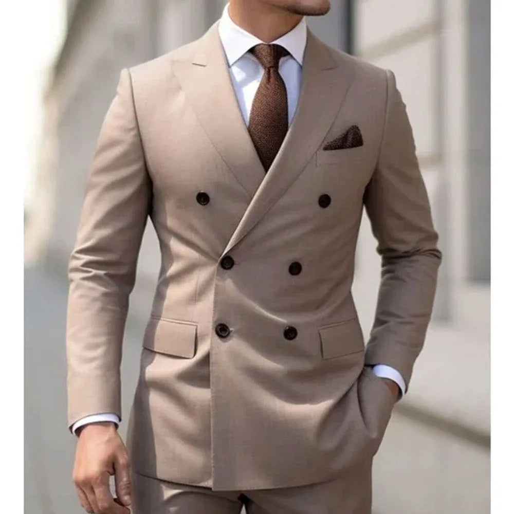 Men's Korean-style slim fit two-piece suit in cotton blend fabric showing jacket and trousers