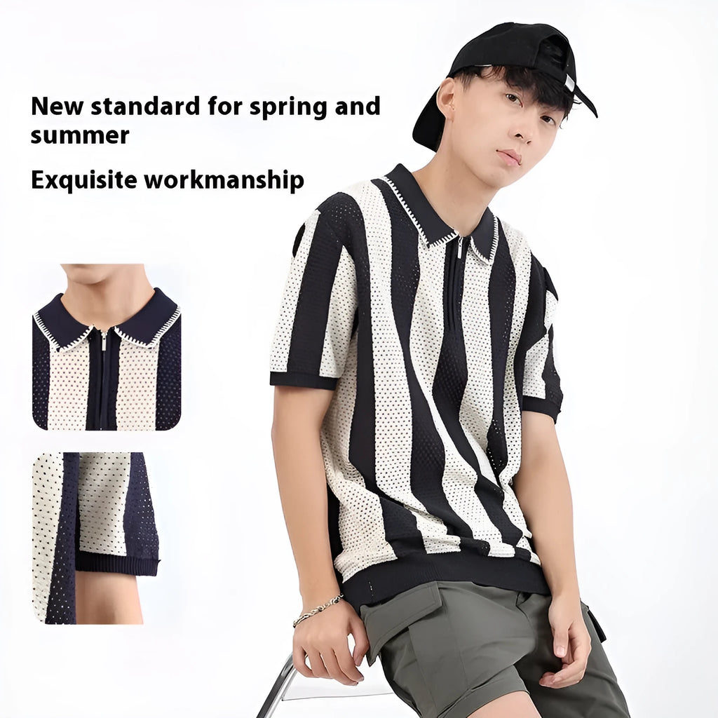 Men's short sleeve striped sweater in ice silk viscose with a decorative zipper.