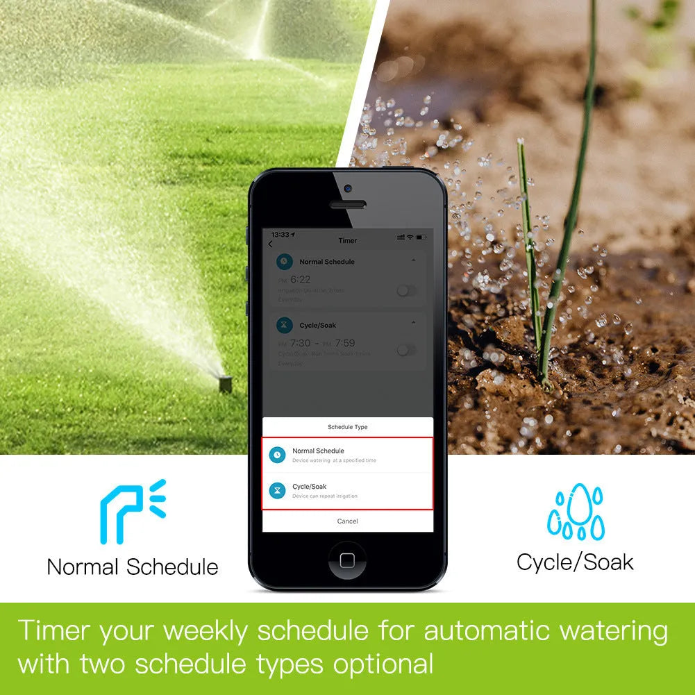 Bluetooth smart garden sprinkler timer with hose connector and smartphone showing watering app
