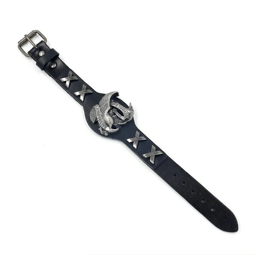 Black geometric leather bracelet with a large alloy eagle watch clasp closure.