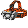 White LED miner's headlamp with adjustable strap, shown with data cable and colour packaging.