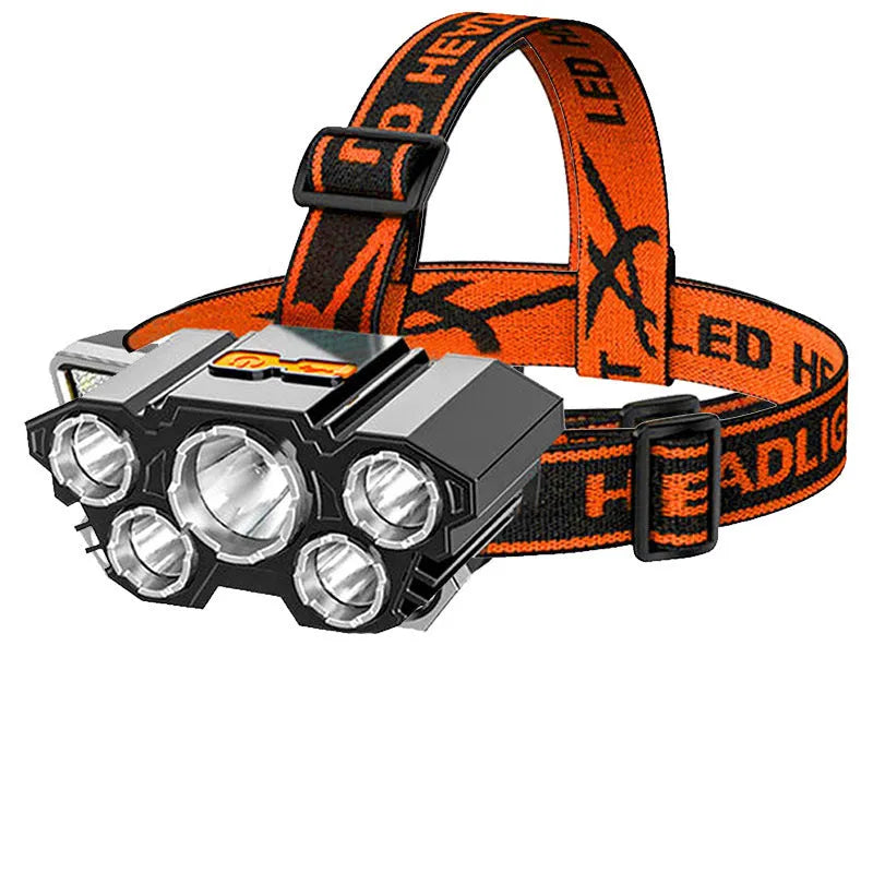 White LED miner's headlamp with adjustable strap, shown with data cable and colour packaging.