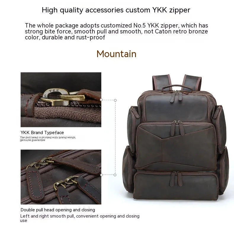 Dark brown leather backpack with 17-inch computer compartment and organisational pockets