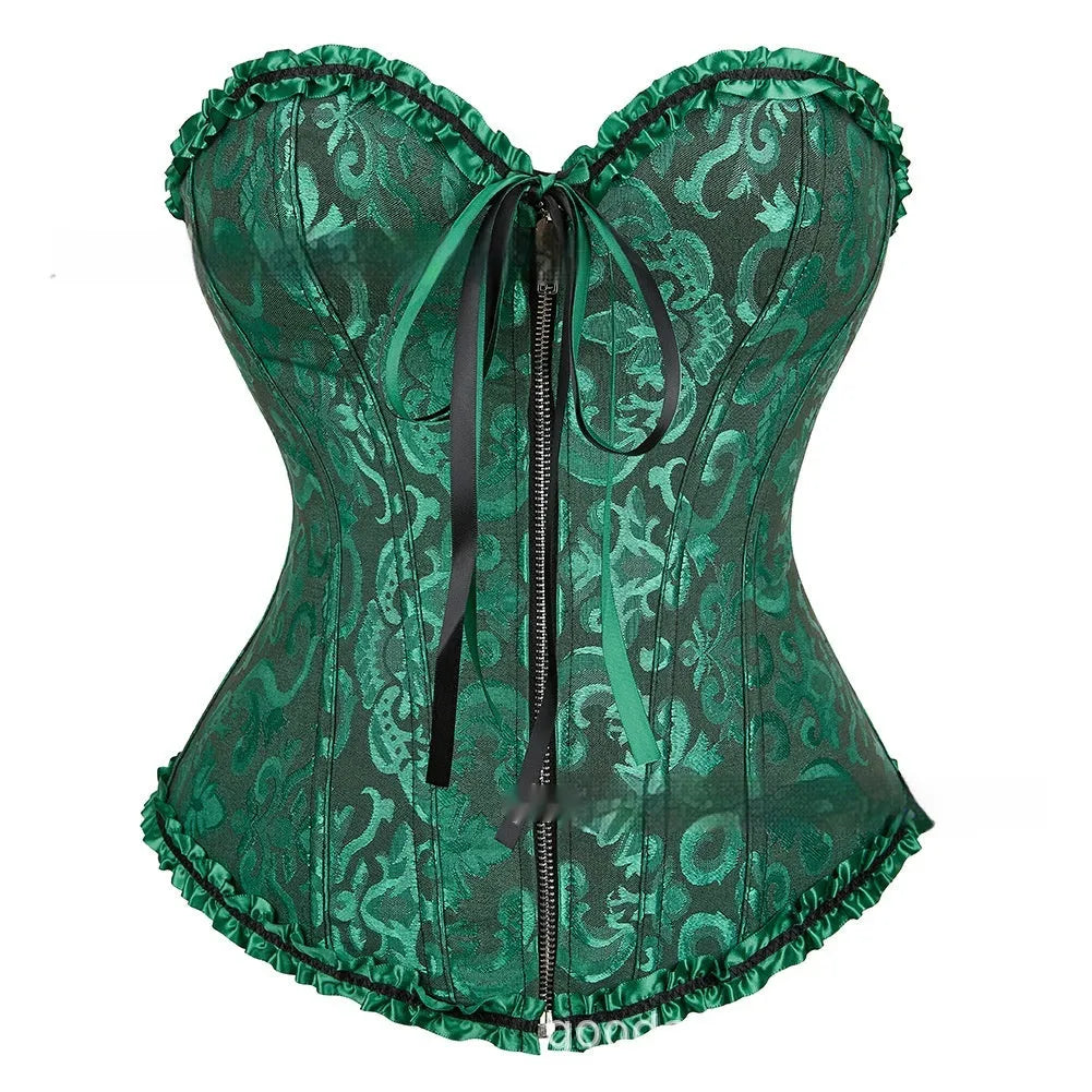 Women's front zip jacquard corset in spandex fabric for waist support and shaping