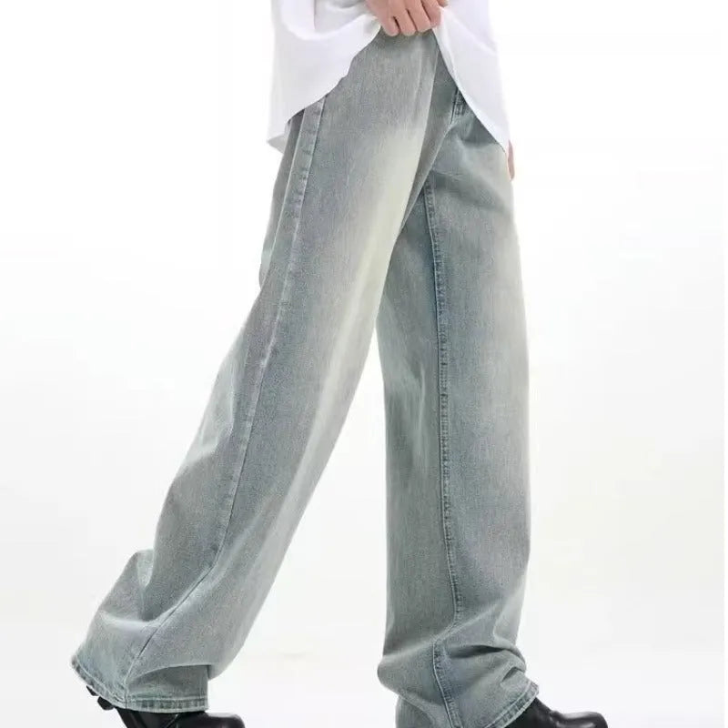 Blue loose-fit retro casual trousers made from rabbit fur fabric on a plain background.