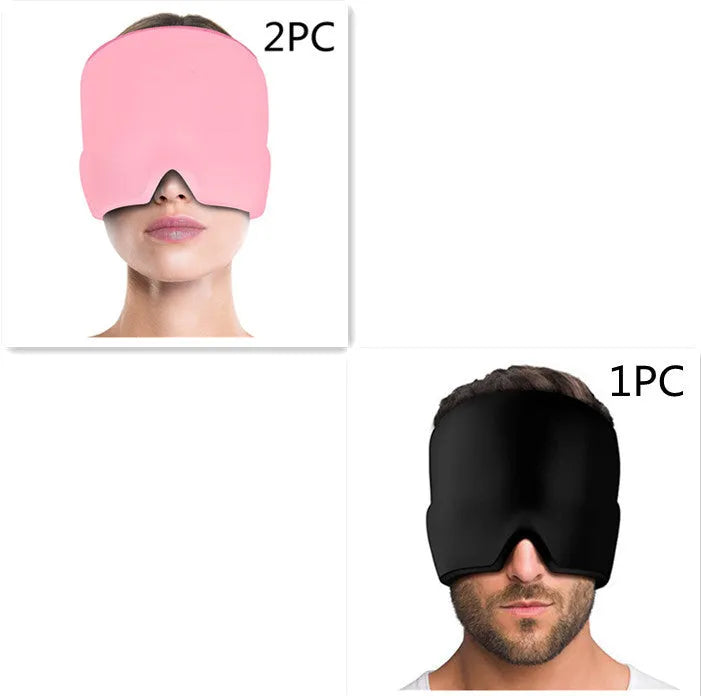 Black elastic cloth gel cold therapy eye mask for headache relief on grey background.