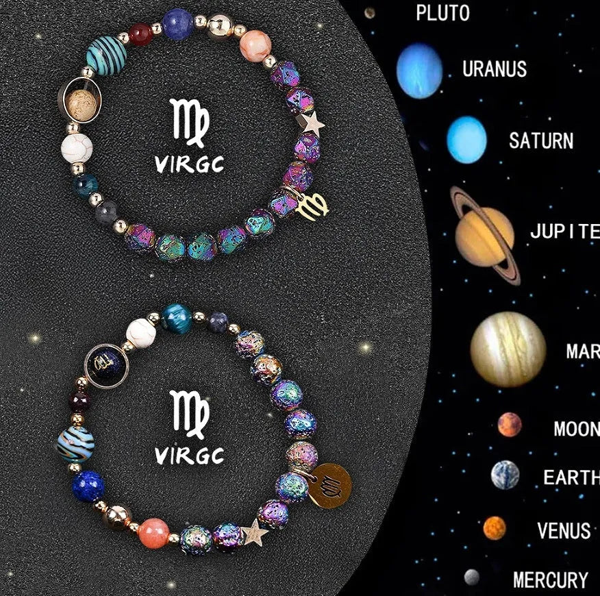 Set of two natural stone beaded bracelets with metal zodiac charms on an elastic cord.