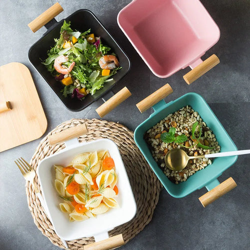 Ceramic serving bowl with irregular modern shape and matching lid in various colour options