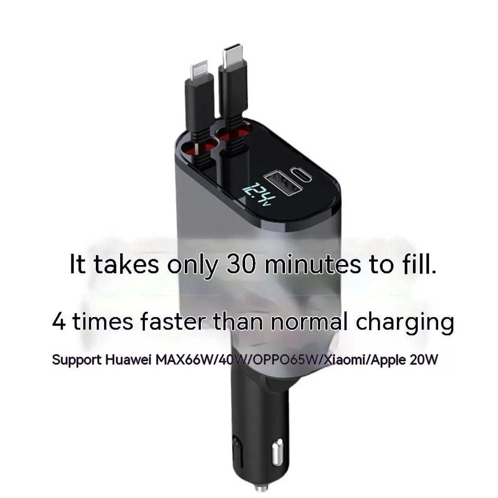 Automatic retractable car charger with cigarette lighter adapter and USB connections