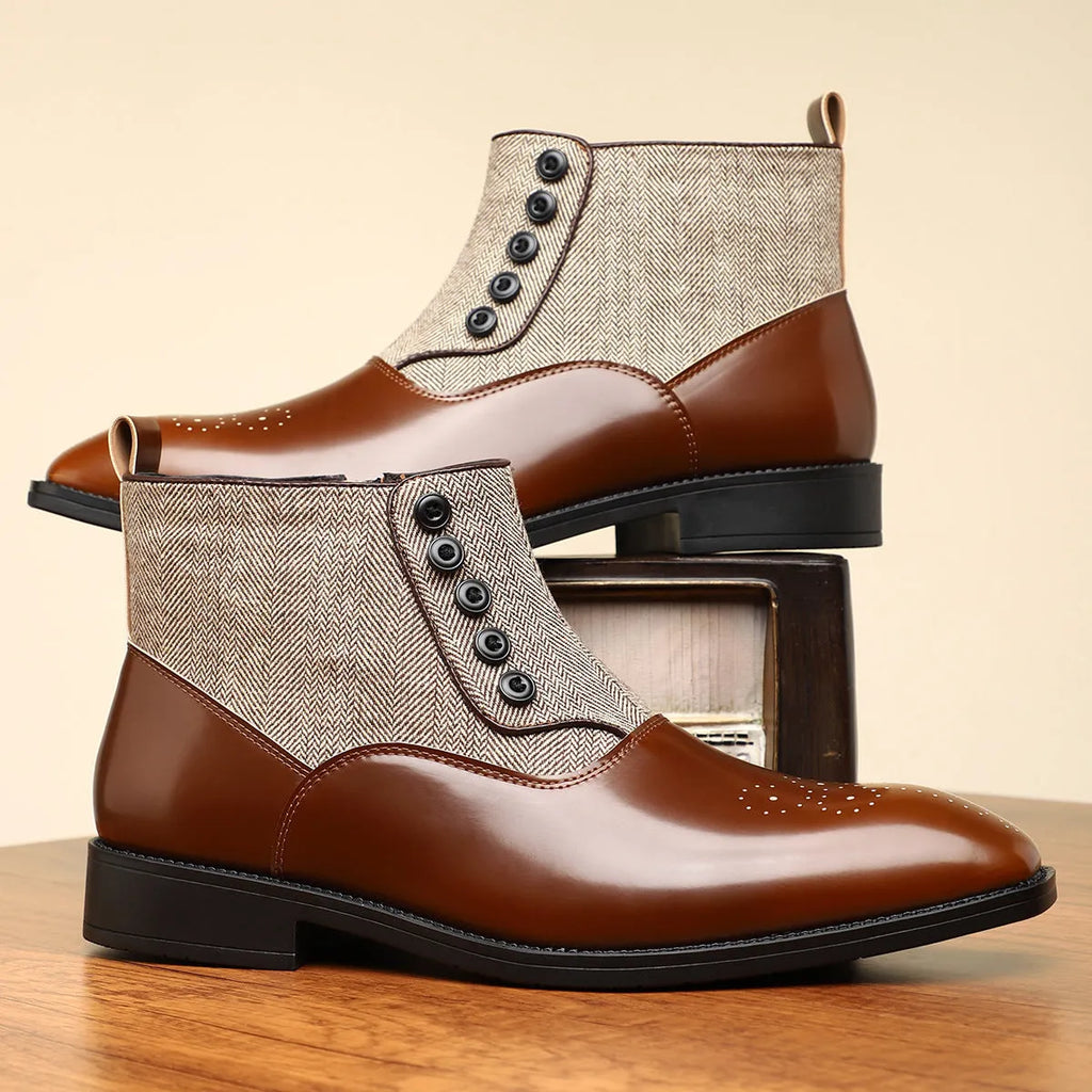 Men's brown retro formal shoes with a side zipper, square toe, and low square heel on a rubber sole.
