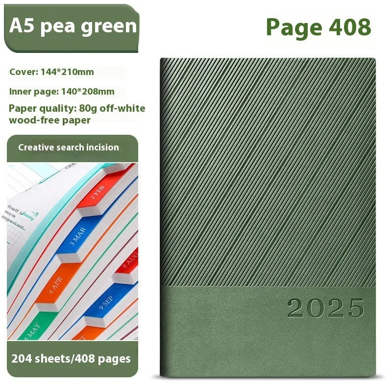 A4 striped PU leather business notepad open showing 80g wood-free paper