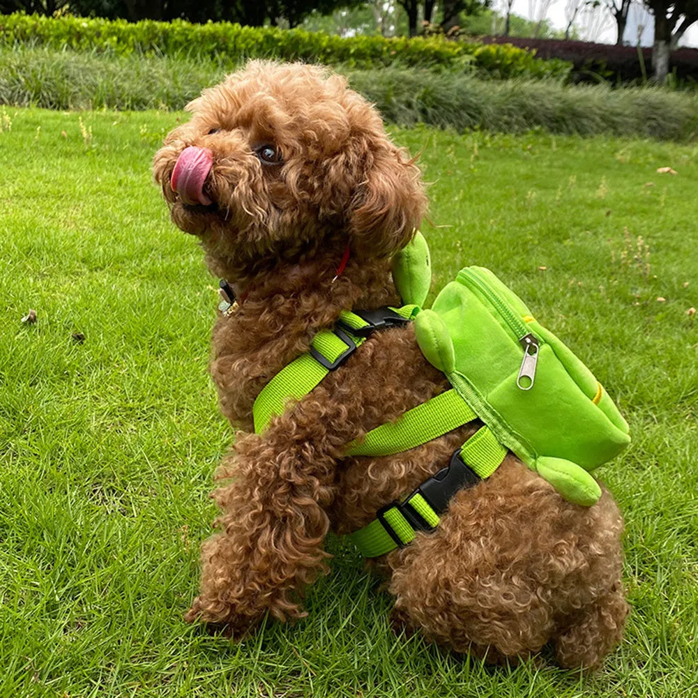 Turtle-shaped velvet dog backpack harness in brown, green, grey or yellow, measuring 20x18cm