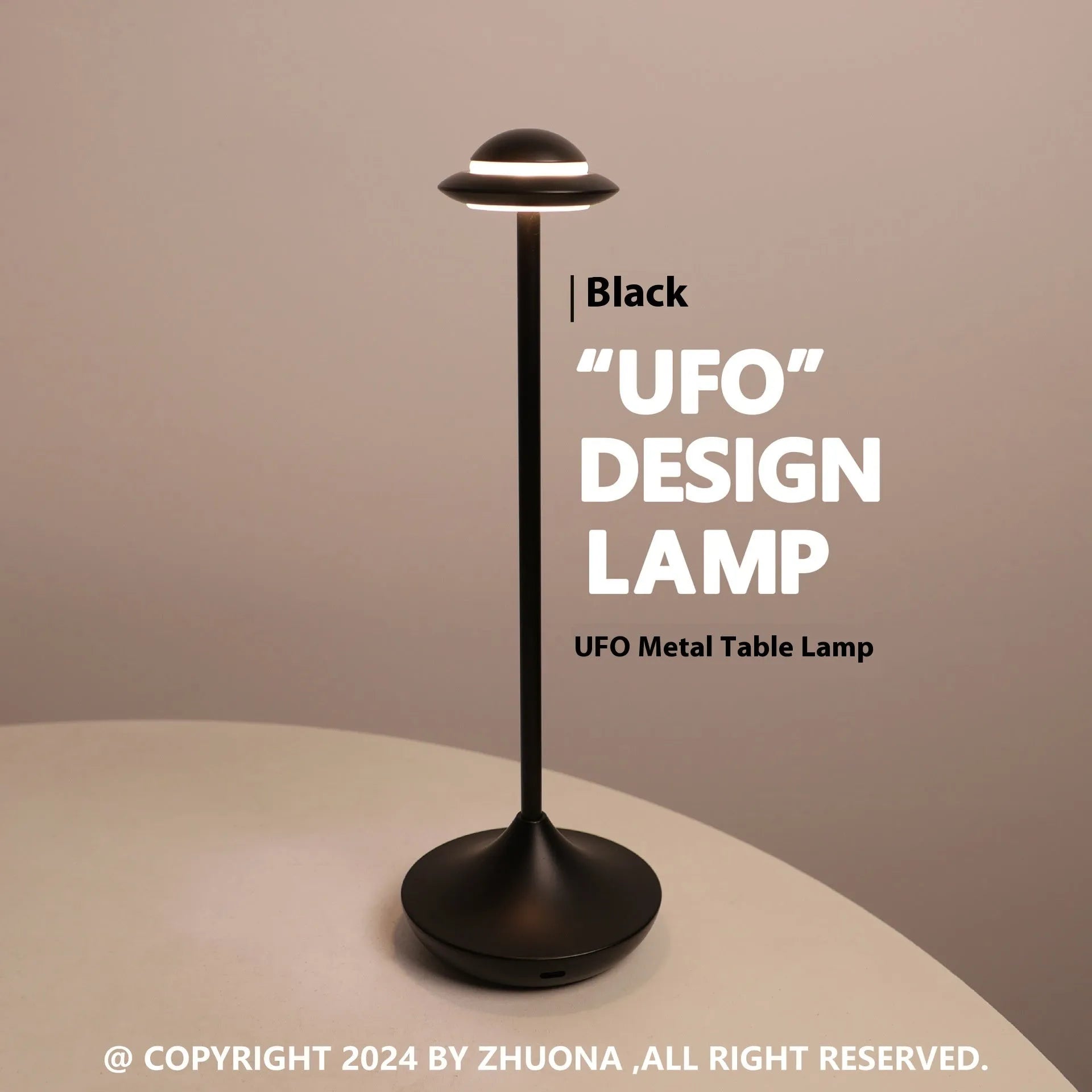 Metal UFO table lamp with rechargeable battery and touch dimming controls in gold finish