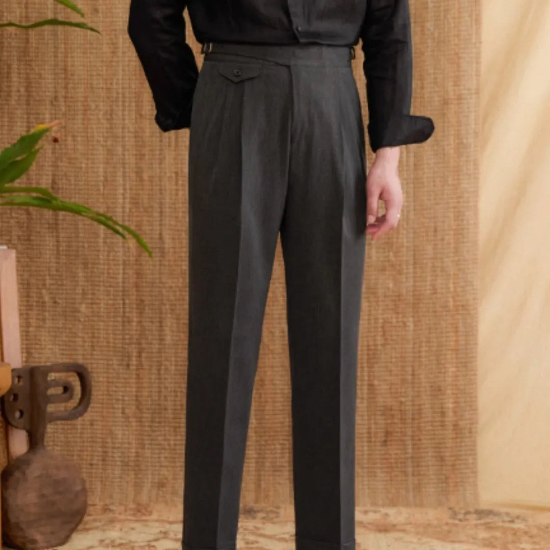 Men's slim fit straight leg trousers in dark grey, light brown and light apricot colours
