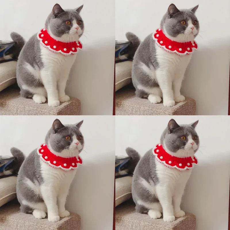 Handmade milk cotton knitted pet collar with cartoon pattern, shown in customisable sizes for small animals.