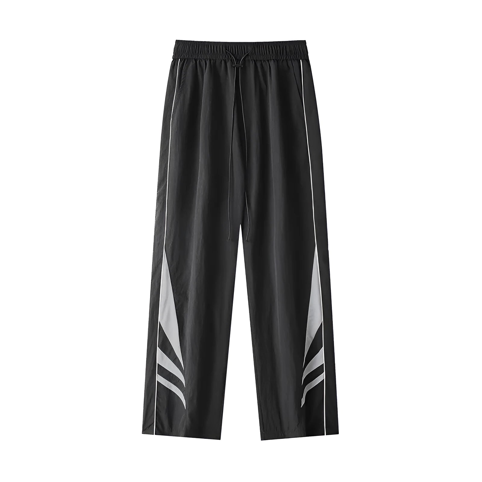 Men's black straight leg loose fit summer sports trousers with an elastic waist on a grey background.