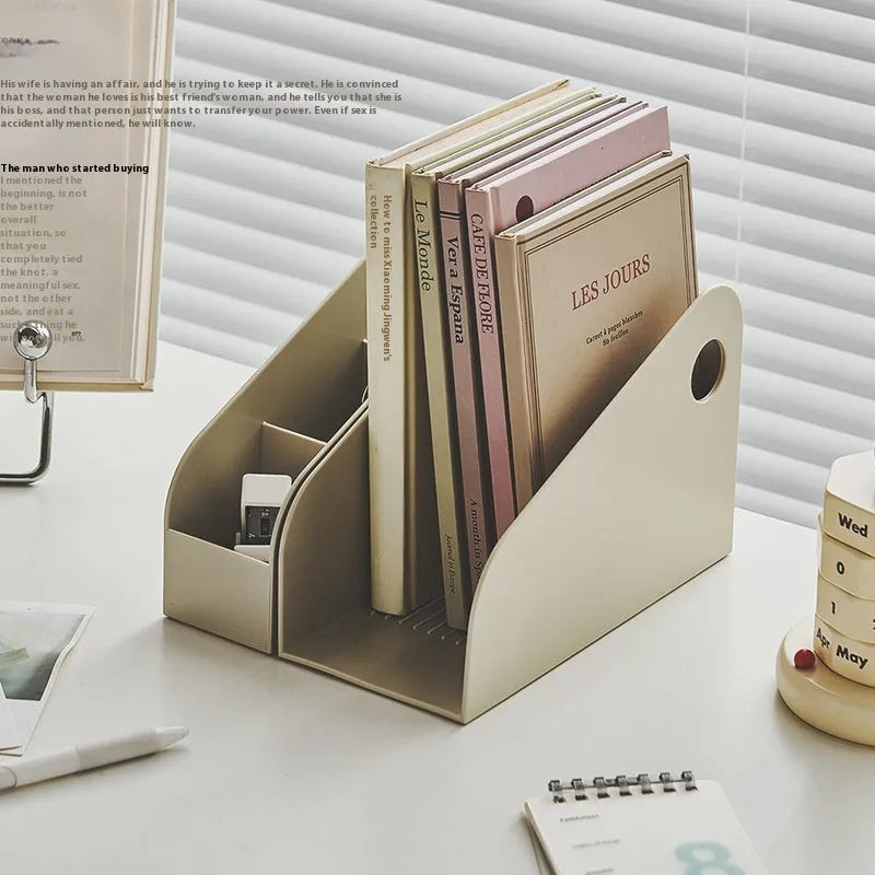 Plastic desktop storage box with 2-layer shelf organisation in milk coffee colour