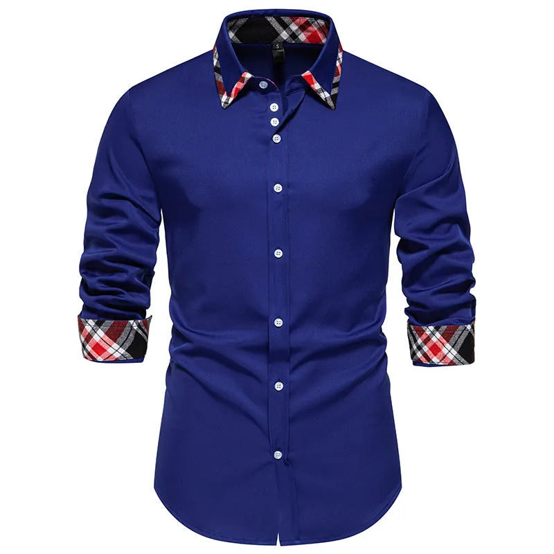 Men's blue casual long sleeve shirt with triangle collar and contrast plaid pattern.
