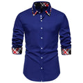 Men's blue casual long sleeve shirt with triangle collar and contrast plaid pattern.