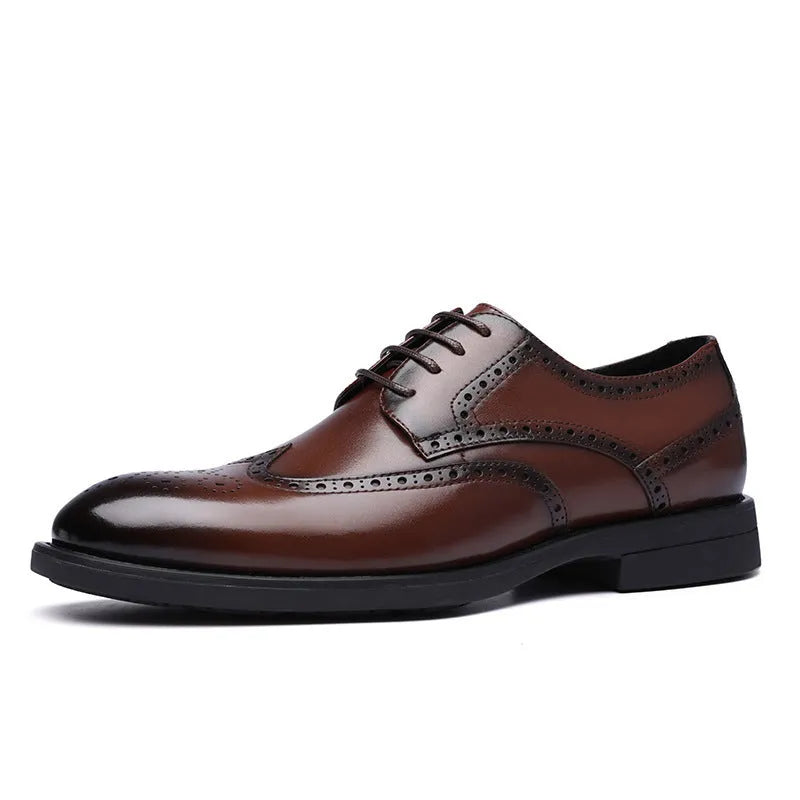 Men's black brogue leather shoes with traditional perforated detailing and lace-up design