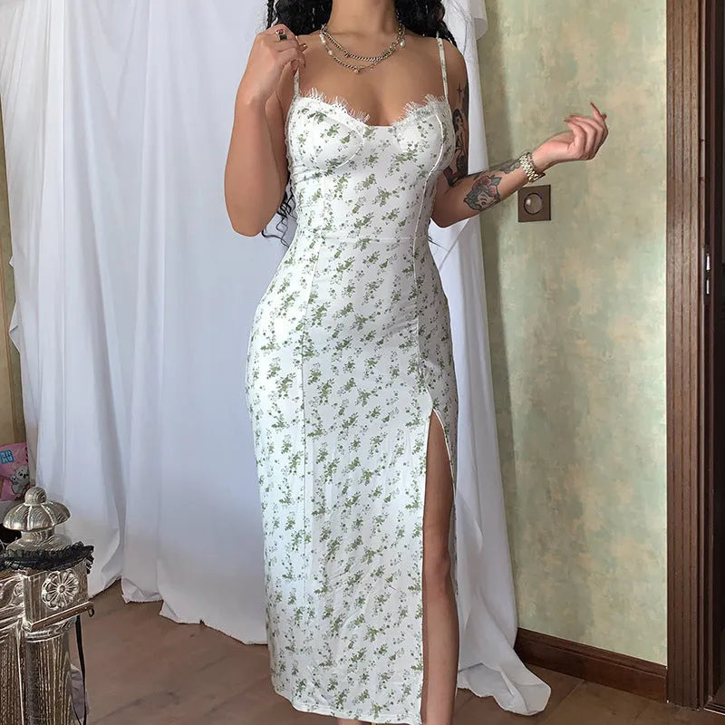 Women's lace floral print summer dress with side slit and suspender straps in polyester fabric