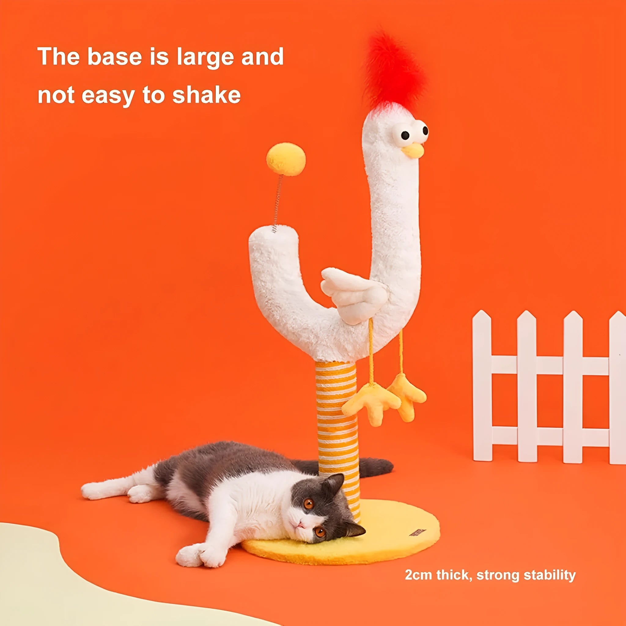 Yellow vertical cat scratching post with sisal wrapping and spring ball measuring 88cm tall