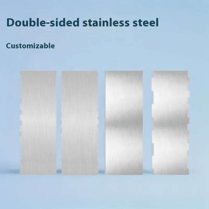 Stainless steel cake scraper with polygon patterns for buttercream texturing