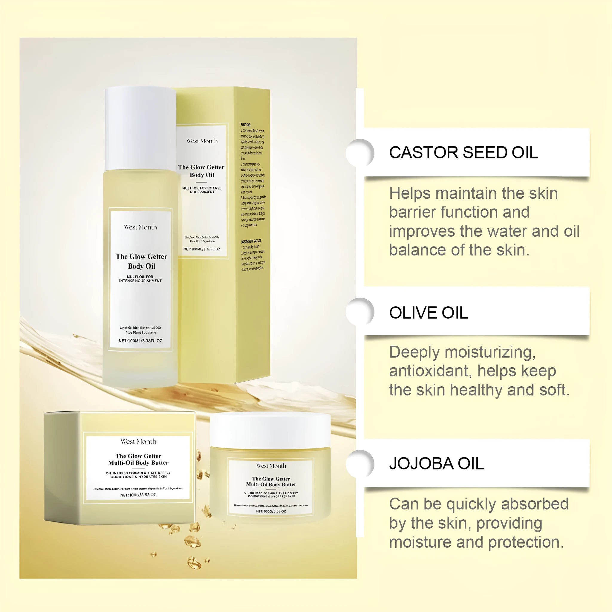 Nourishing and firming skin care set with massage oil and moisturising cream bottles