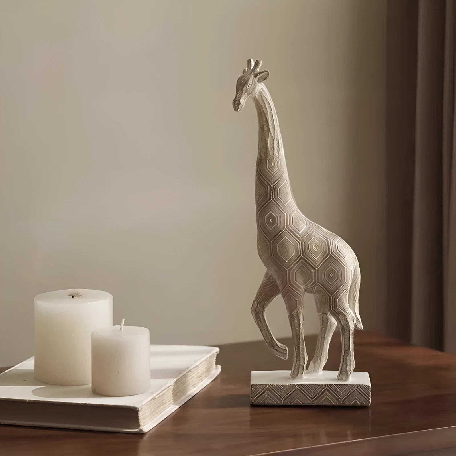 Wood colour giraffe resin ornament on display, measuring 30.5cm tall.