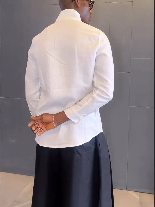 Women's white asymmetric front long sleeve shirt and black pleated trousers casual set