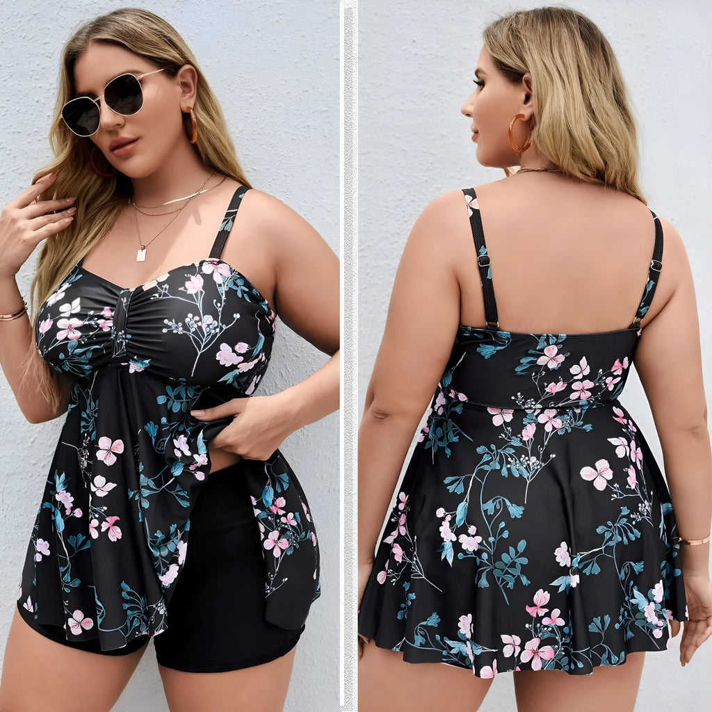 Women's one-piece floral print swimsuit with split colours, shown in extended sizes.