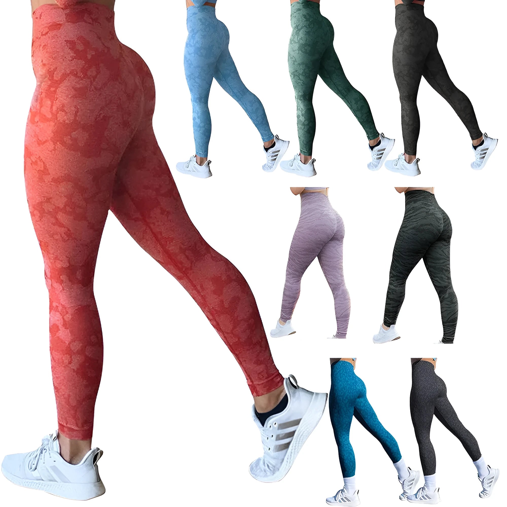 Women's booty lifting fitness leggings in camo and leopard print designs for gym and yoga workouts