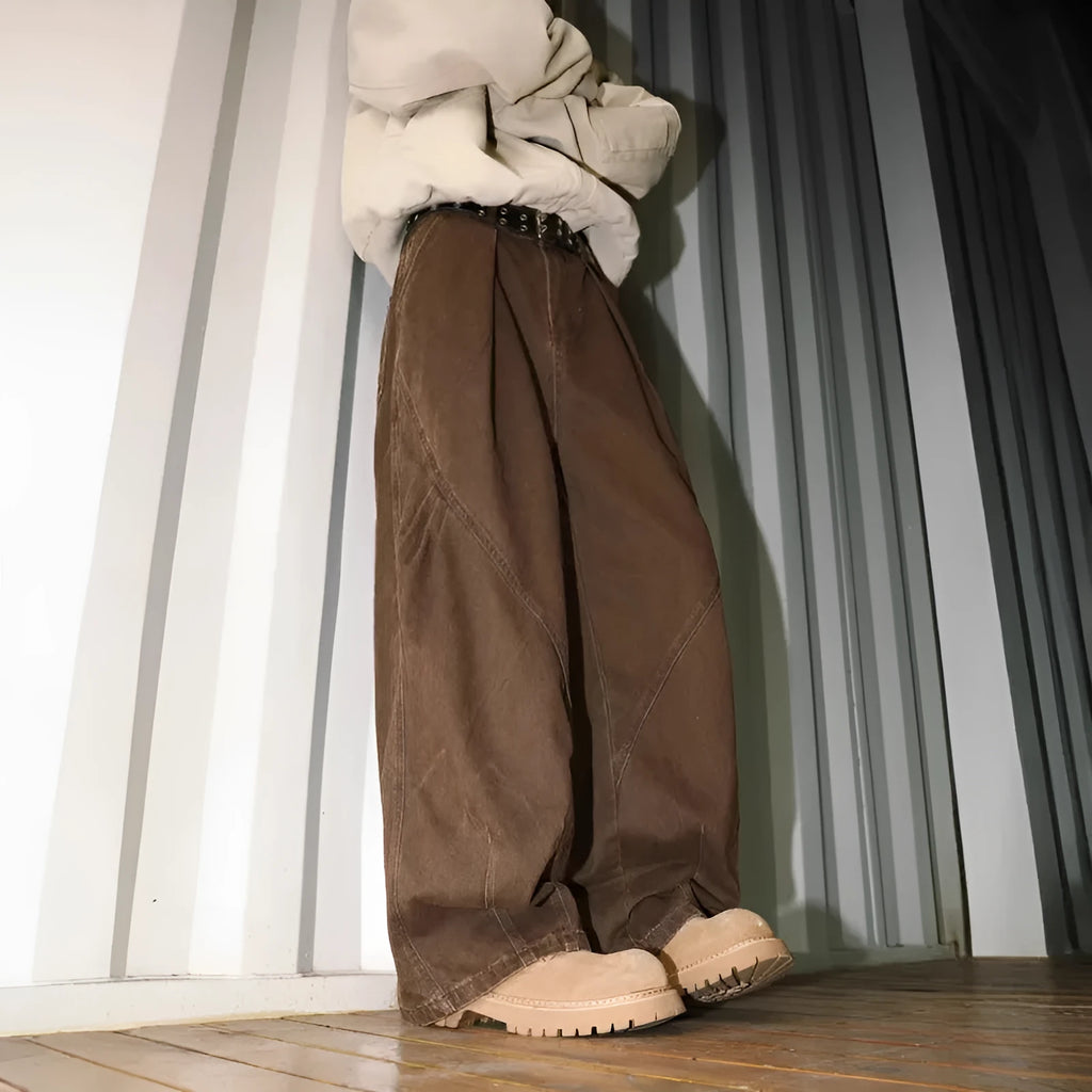Men's pleated straight-leg loose trousers in striped apricot, black, or brown cotton-polyester fabric