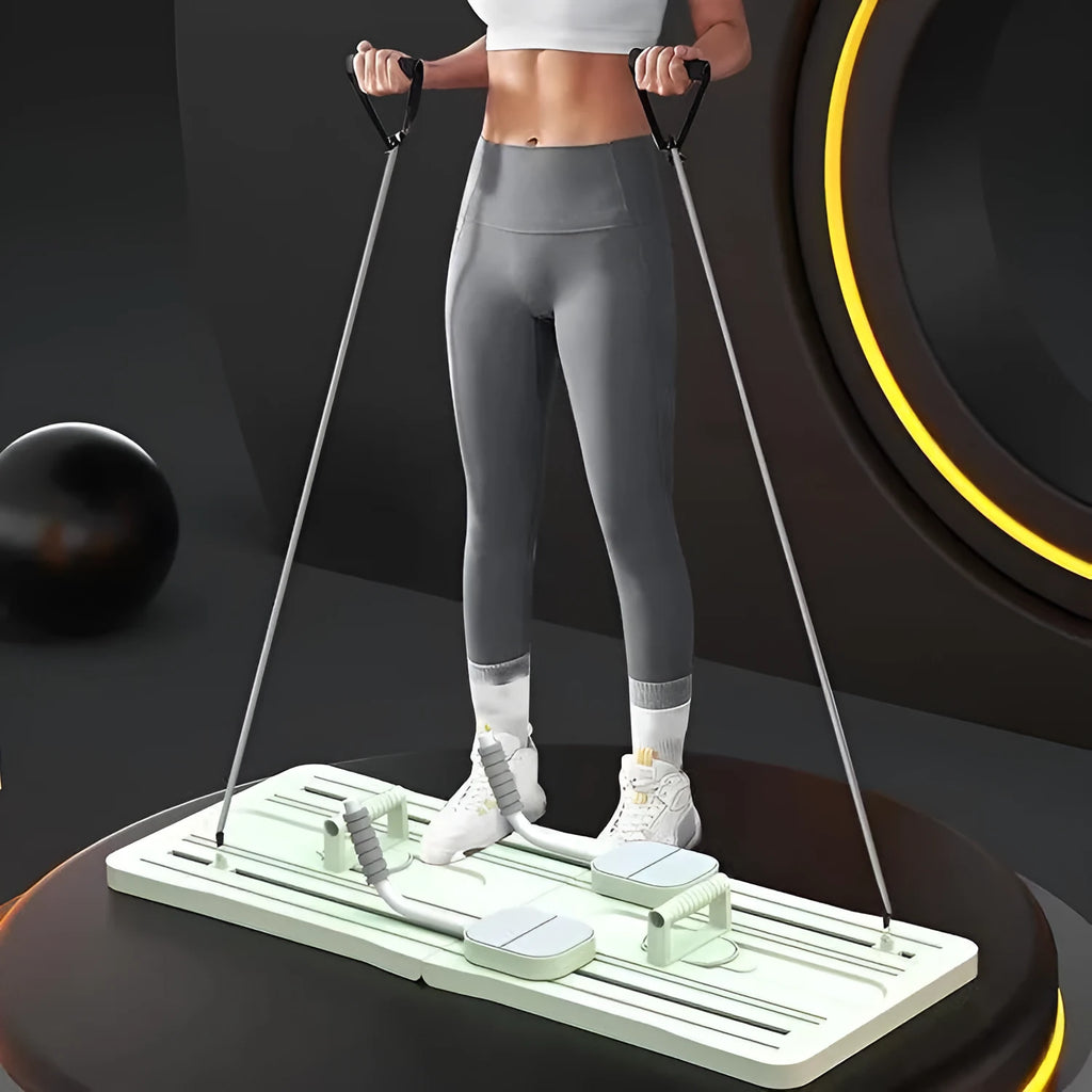Portable foldable belly panel supine board for home fitness in purple, black, and pink colour options.